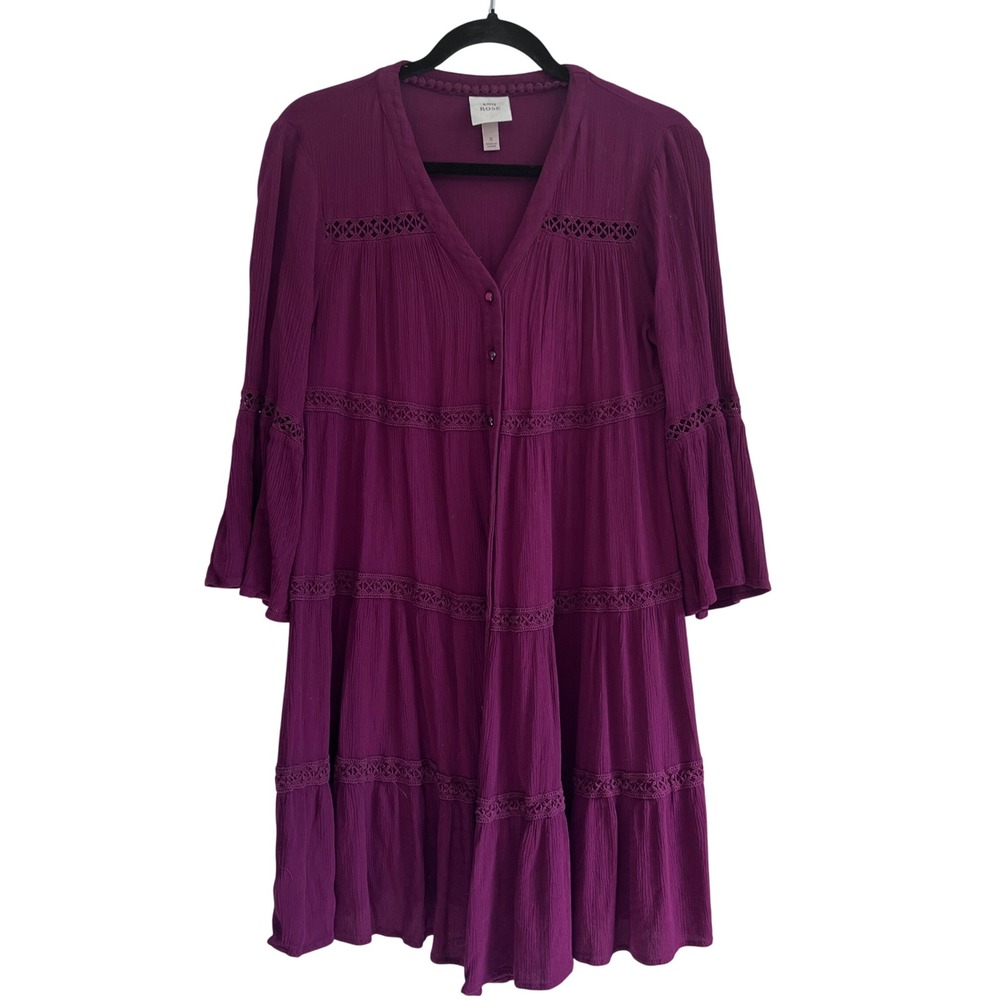 Knox Rose Bohemian Dress Size S Burgundy Bell Sleeve‎ Tiered Crochet Trim Button